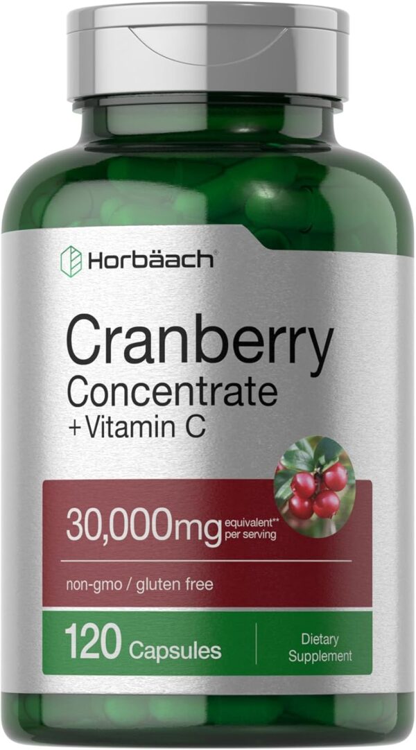 Horbäach Cranberry Pills 30,000mg | 120 Capsules | with Vitamin C | Supplement Contentrate for Women & Men | Vaccinium Macrocarpon | Non-GMO & Gluten Free