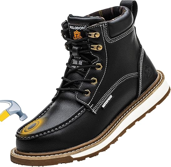 Waterproof Steel Toe Boots For Men-6" Leather Moc Toe Work Boots Indestructible Construction Boots Slip Resistant Safety Boots