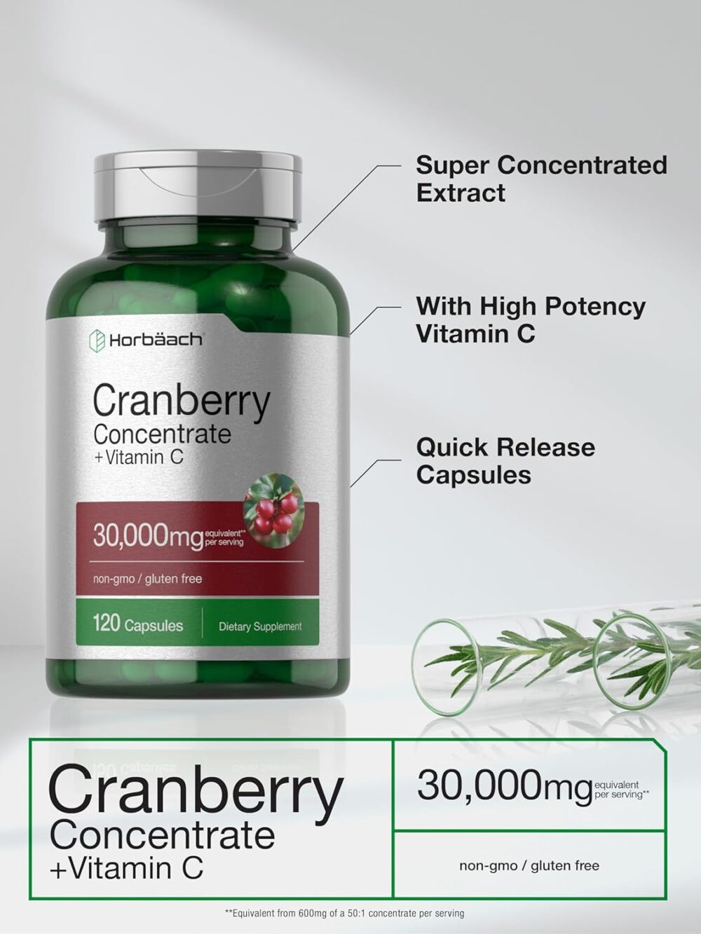Horbäach Cranberry Pills 30,000mg | 120 Capsules | with Vitamin C | Supplement Contentrate for Women & Men | Vaccinium Macrocarpon | Non-GMO & Gluten Free - Image 4