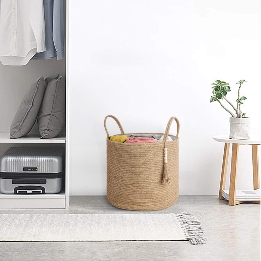 Mkono Woven Storage Basket Decorative Natural Rope Basket Wooden Bead Decoration for Blankets,Toys,Clothes,Shoes,Plant Organizer Bin with Handles Living Room Home Decor, Jute, 16" W × 13.8"L - Image 2