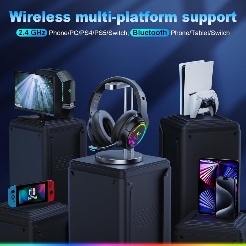 PG4 RGB Wireless Gaming Headset for PS4, PS5, PC - 2.4GHz 7.1 Surround Sound, Bluetooth Gaming Headphone with AI Detachable Noise Canceling Mic, 48-Hr Battery for Laptop, Switch, Mac (Black) - Image 2