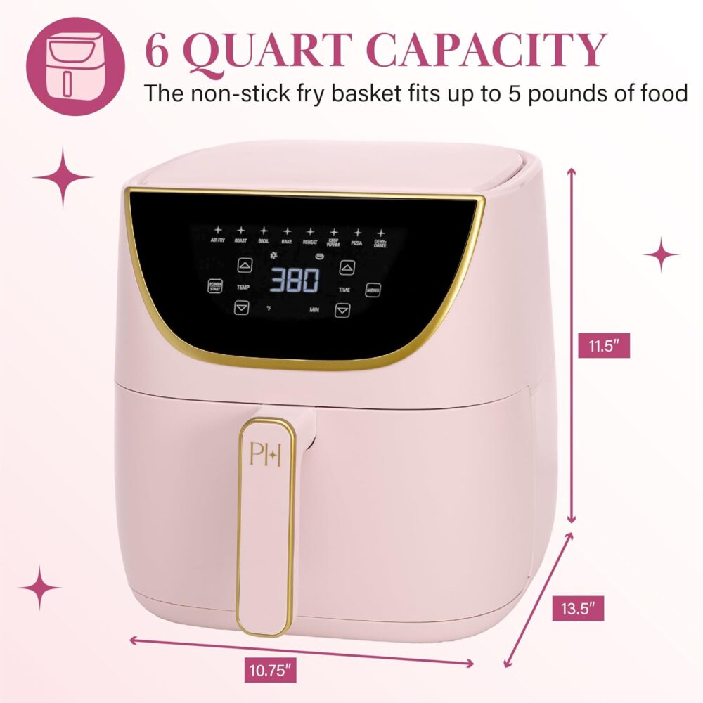 Paris Hilton Air Fryer, Large 6-Quart Capacity, Nonstick Made without PFAS, Touchscreen Display, 8-in-1 (Air Fry, Roast, Broil, Bake, Reheat, Keep Warm, Pizza, Dehydrate), Dishwasher Safe, Pink - Image 2