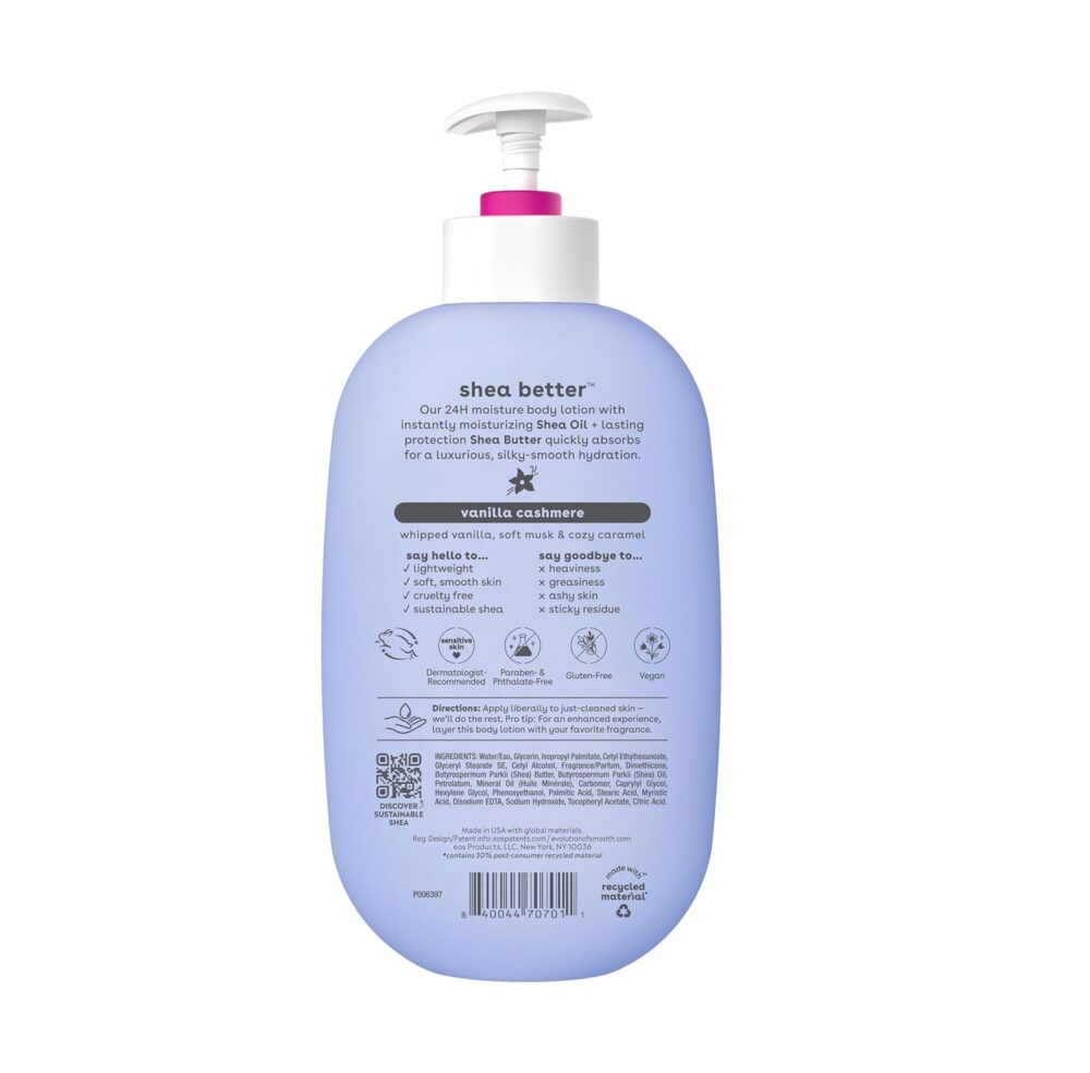 eos Shea Better Body Lotion, 16 fl oz | Vanilla Cashmere, 24-Hour Moisture Skin Care, Lightweight & Non-Greasy, Made with Natural Shea, Vegan - Image 2