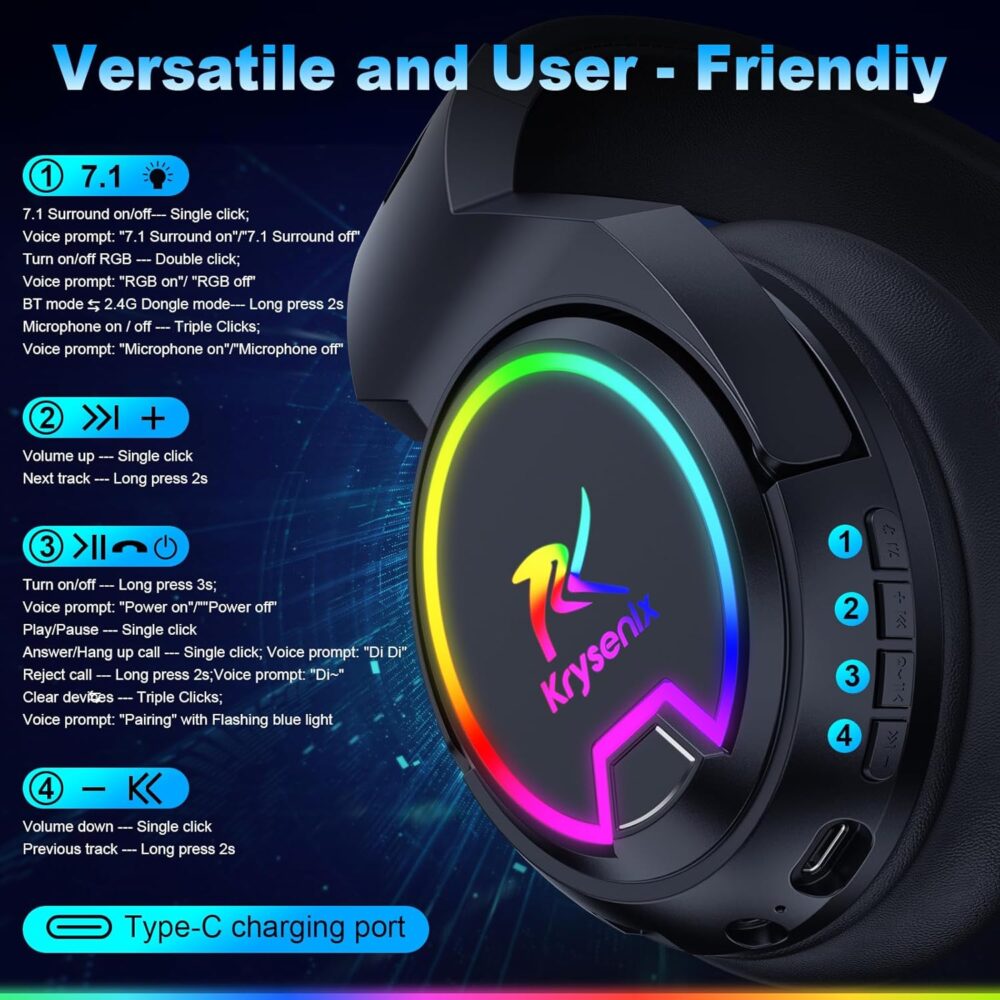 PG4 RGB Wireless Gaming Headset for PS4, PS5, PC - 2.4GHz 7.1 Surround Sound, Bluetooth Gaming Headphone with AI Detachable Noise Canceling Mic, 48-Hr Battery for Laptop, Switch, Mac (Black) - Image 3