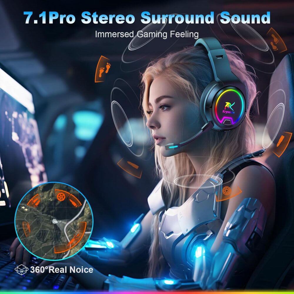 PG4 RGB Wireless Gaming Headset for PS4, PS5, PC - 2.4GHz 7.1 Surround Sound, Bluetooth Gaming Headphone with AI Detachable Noise Canceling Mic, 48-Hr Battery for Laptop, Switch, Mac (Black) - Image 8
