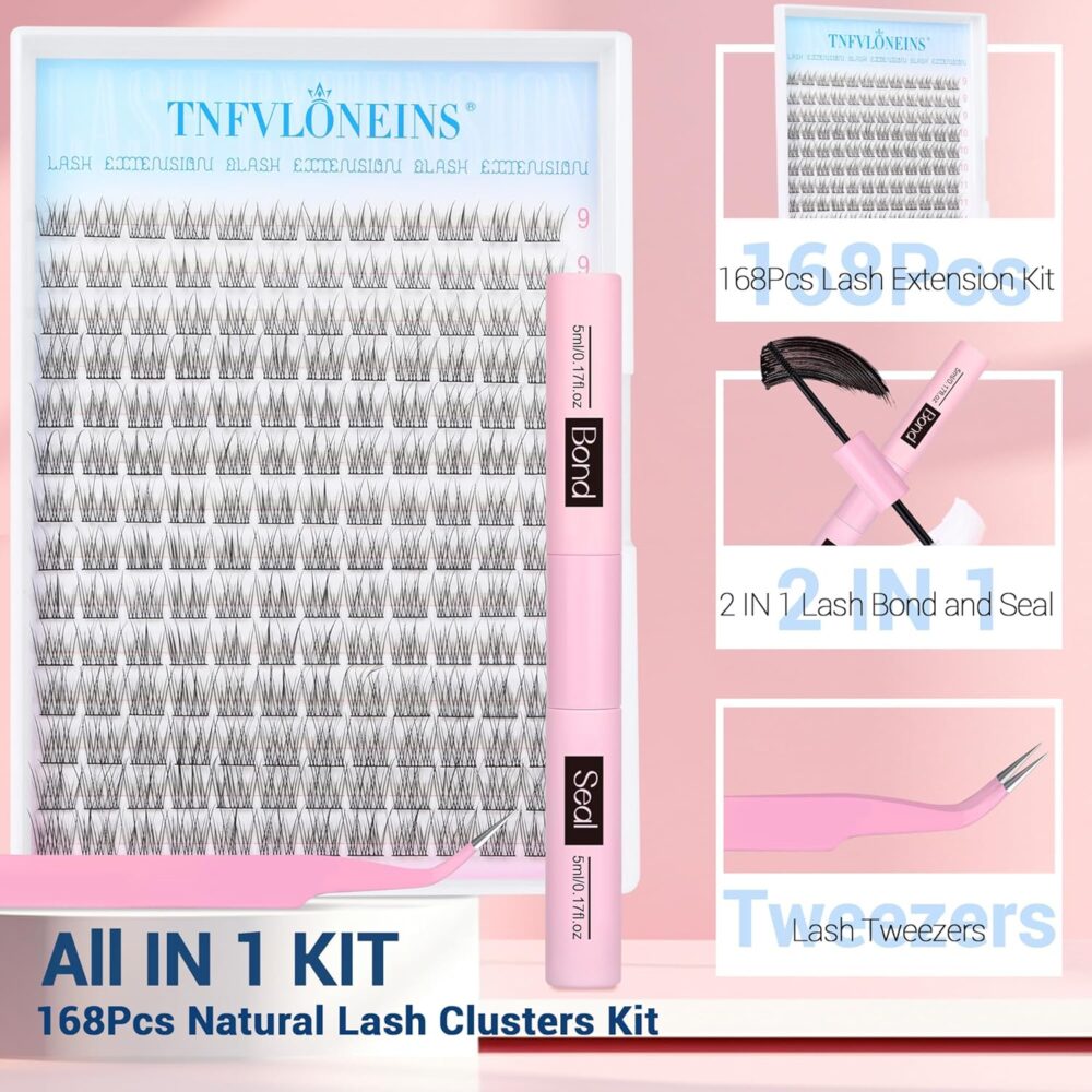 Natural Lash Extension Kit 168Pcs Lash Clusters Kit Wispy Eyelash Extensions 9-12MM Individual Lashes Extensions with Bond and Seal Lash Glue and Eyelash Extension Tweezers DIY at Home by TNFVLONEINS - Image 6