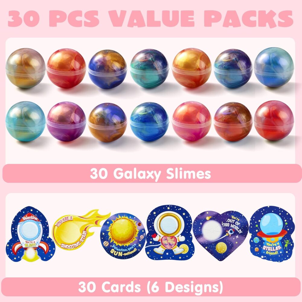 JOYIN 30 Packs Valentine's Day Gift Cards with Slime, Galaxy Slime Stress Relief Fidget Toy for Kids Party Favor, Classroom Exchange Prizes, Valentine Party Favors - Image 7