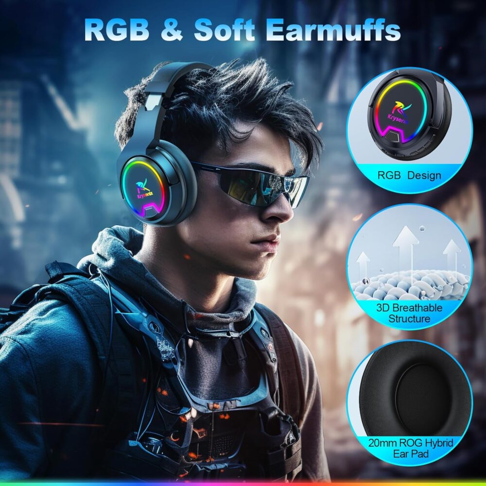 PG4 RGB Wireless Gaming Headset for PS4, PS5, PC - 2.4GHz 7.1 Surround Sound, Bluetooth Gaming Headphone with AI Detachable Noise Canceling Mic, 48-Hr Battery for Laptop, Switch, Mac (Black) - Image 7