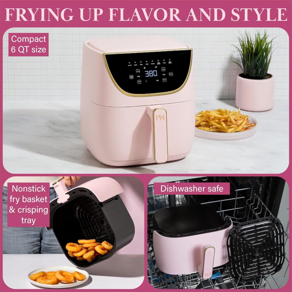 Paris Hilton Air Fryer, Large 6-Quart Capacity, Nonstick Made without PFAS, Touchscreen Display, 8-in-1 (Air Fry, Roast, Broil, Bake, Reheat, Keep Warm, Pizza, Dehydrate), Dishwasher Safe, Pink - Image 6