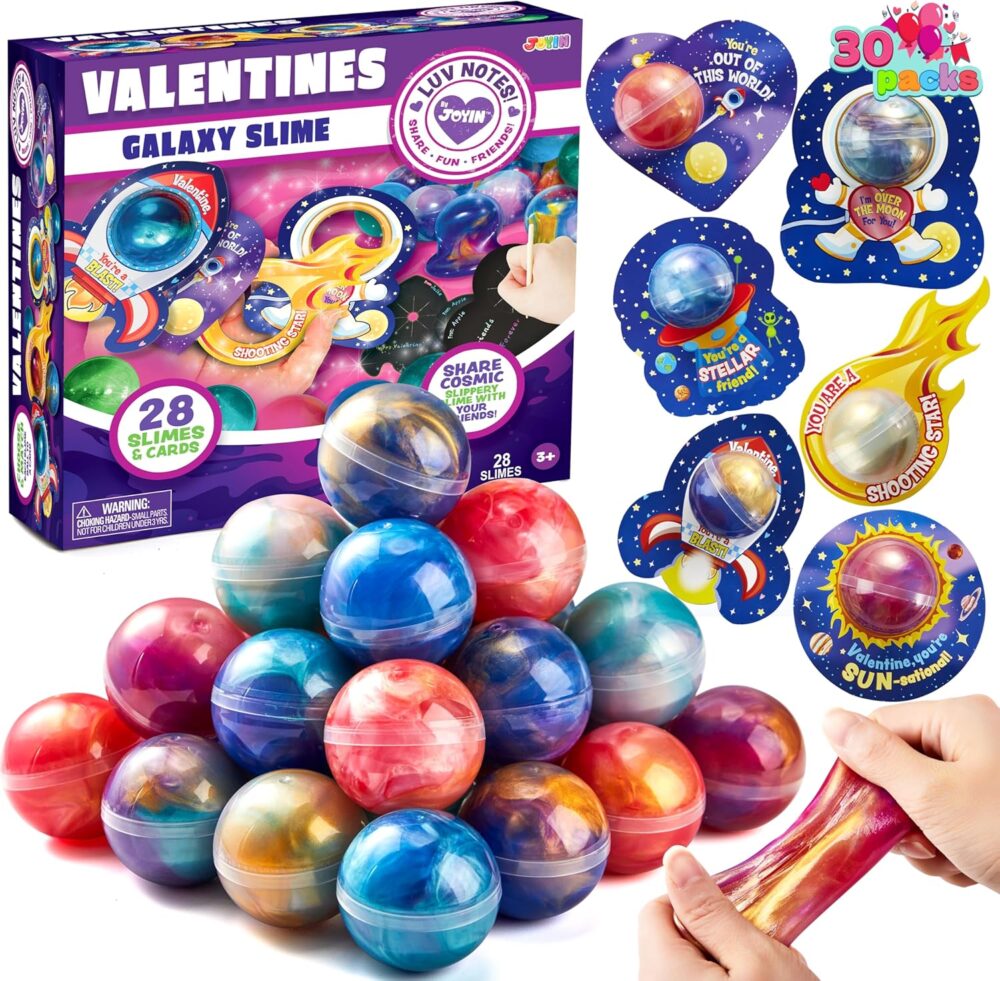 JOYIN 30 Packs Valentine's Day Gift Cards with Slime, Galaxy Slime Stress Relief Fidget Toy for Kids Party Favor, Classroom Exchange Prizes, Valentine Party Favors - Image 8