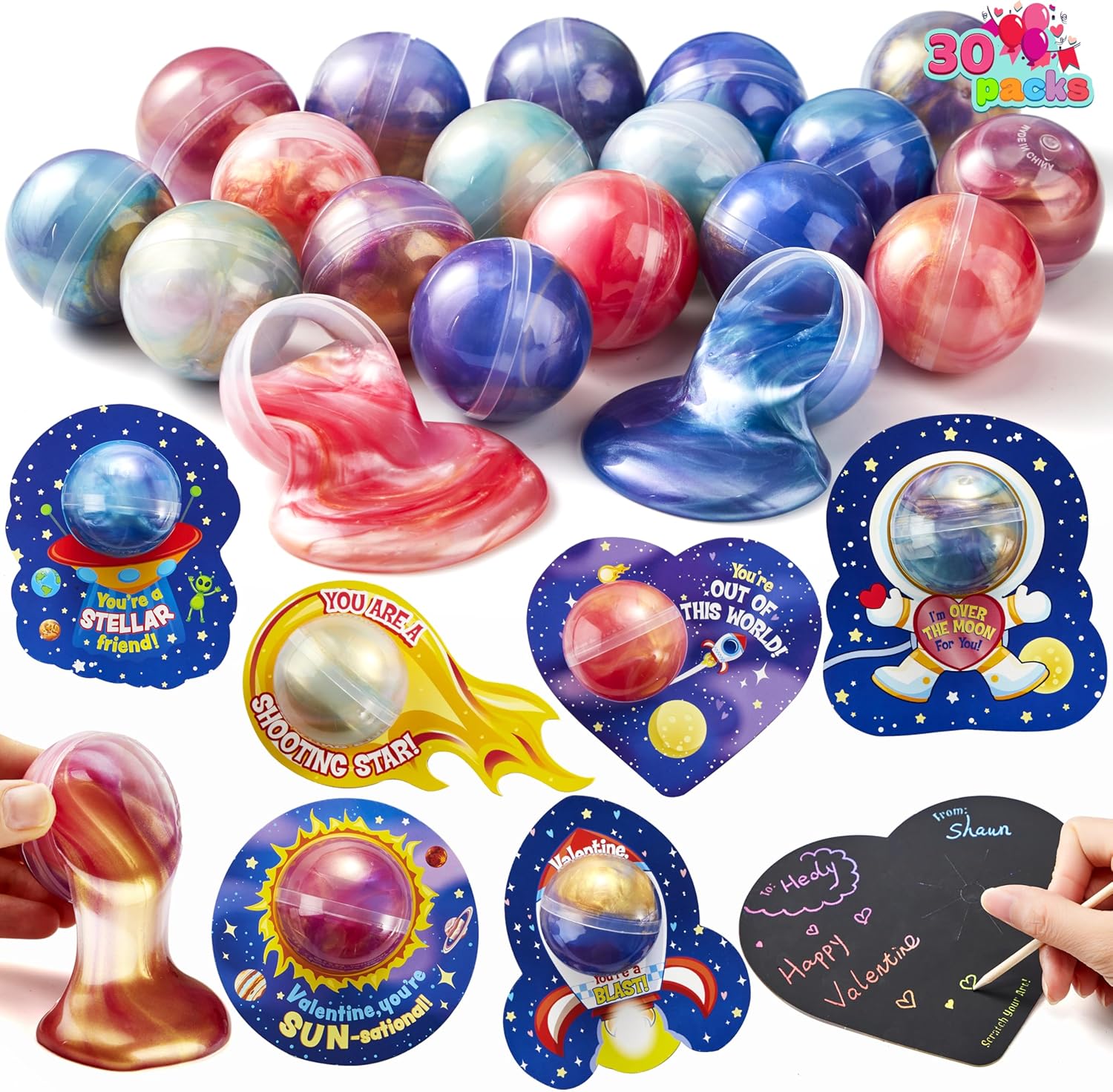 JOYIN 30 Packs Valentine's Day Gift Cards with Slime, Galaxy Slime Stress Relief Fidget Toy for Kids Party Favor, Classroom Exchange Prizes, Valentine Party Favors
