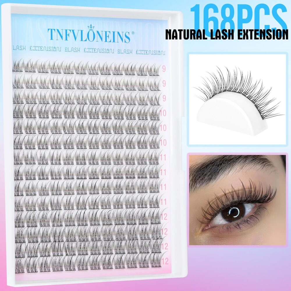 Natural Lash Extension Kit 168Pcs Lash Clusters Kit Wispy Eyelash Extensions 9-12MM Individual Lashes Extensions with Bond and Seal Lash Glue and Eyelash Extension Tweezers DIY at Home by TNFVLONEINS - Image 5