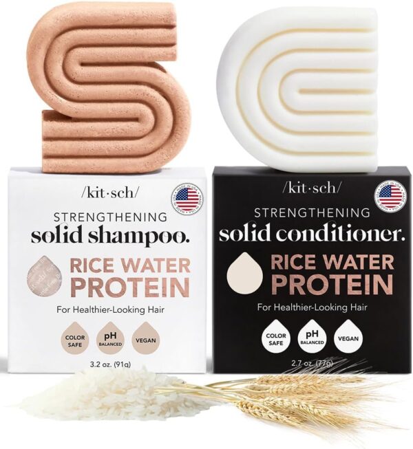 Shampoo Bar & Conditioner Set with Rice Water – Solid Bar Shampoo and Conditioner Bars for Hair Care, Rice Water Conditioner bar for Hair Thickening, Strengthening, Paraben-Free, 2pcs