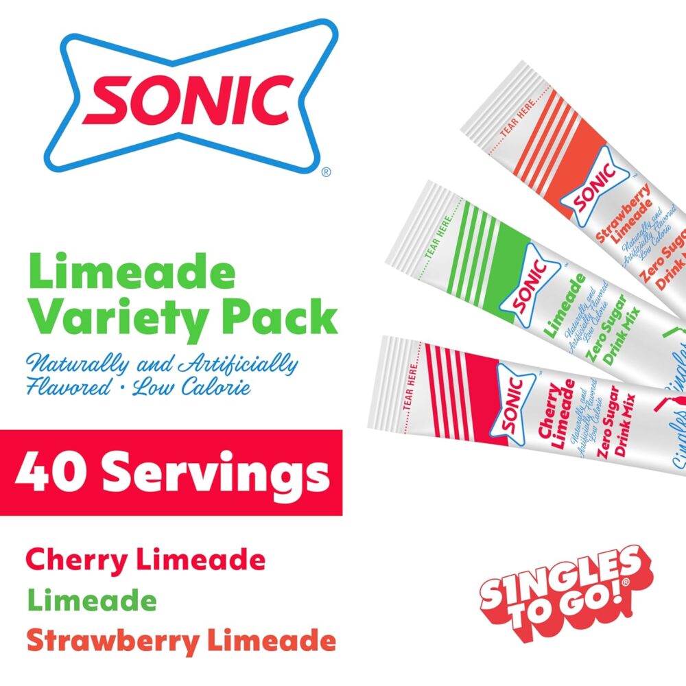 Sonic Singles To Go Variety Pack, Watertok Powdered Drink Mix, Includes 3 Flavors, Cherry Limeade, Strawberry Limeade, 1 Box (40 Servings) - Image 2