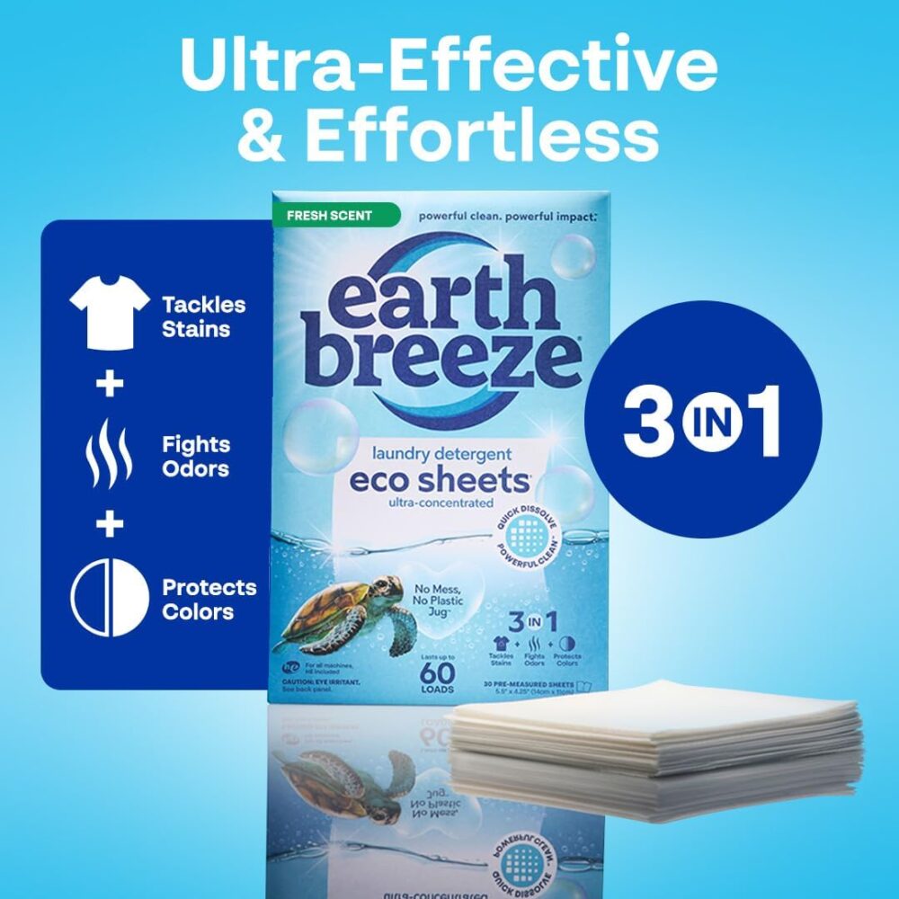Earth Breeze Laundry Detergent Sheets Fresh Scent - 60 Loads Eco Liquidless Soap - Travel-Friendly for Hot & Cold Cycles, Tackles Tough Stains & Odors - Gentle on Skin, 30 Ct - Image 3